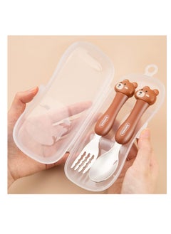 ECVV ECVV Cartoon Toddler Utensils Cute Animal Stainless Steel Children's Tableware Set Student Fork and Spoon Two Piece Creative Cutlery Set with Portable Travel Case For Girls Boys Kids-Bear Brown  - Image 3