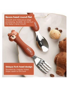 ECVV ECVV Cartoon Toddler Utensils Cute Animal Stainless Steel Children's Tableware Set Student Fork and Spoon Two Piece Creative Cutlery Set with Portable Travel Case For Girls Boys Kids-Bear Brown  - Image 4