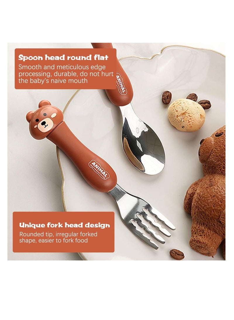 ECVV - ECVV Cartoon Toddler Utensils Cute Animal Stainless Steel Children's Tableware Set Student Fork and Spoon Two Piece Creative Cutlery Set with Portable Travel Case For Girls Boys Kids-Bear Brown - Image 1
