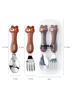 ECVV ECVV Cartoon Toddler Utensils Cute Animal Stainless Steel Children's Tableware Set Student Fork and Spoon Two Piece Creative Cutlery Set with Portable Travel Case For Girls Boys Kids-Bear Brown  - Image 5