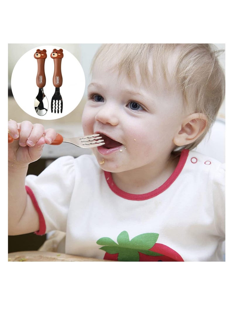 ECVV - ECVV Cartoon Toddler Utensils Cute Animal Stainless Steel Children's Tableware Set Student Fork and Spoon Two Piece Creative Cutlery Set with Portable Travel Case For Girls Boys Kids-Bear Brown - Image 1