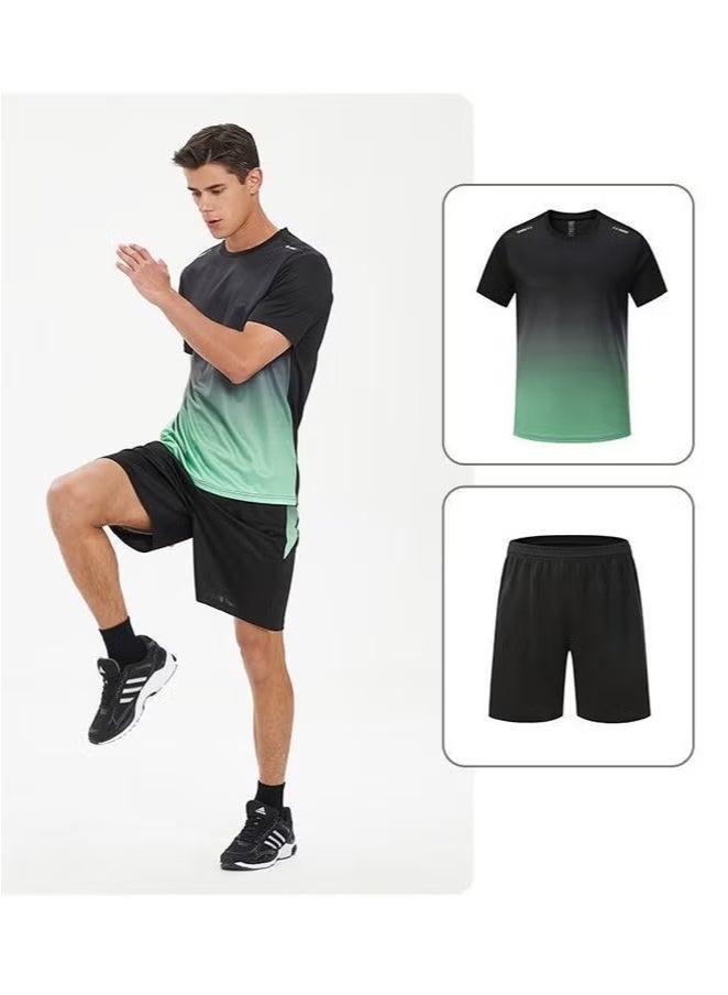 Jourvent Men's 2-Piece Sportswear Set, Summer Quick-Drying Running Gear, Short-Sleeve T-Shirt and Shorts, Fitness Training Outfit, Lightweight Athletic Clothing for Gym, Jogging, Cycling, and Outdoor Activities, Color: Gradient Green - Image 1