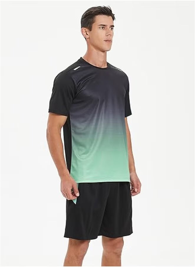 Jourvent Men's 2-Piece Sportswear Set, Summer Quick-Drying Running Gear, Short-Sleeve T-Shirt and Shorts, Fitness Training Outfit, Lightweight Athletic Clothing for Gym, Jogging, Cycling, and Outdoor Activities, Color: Gradient Green - Image 4