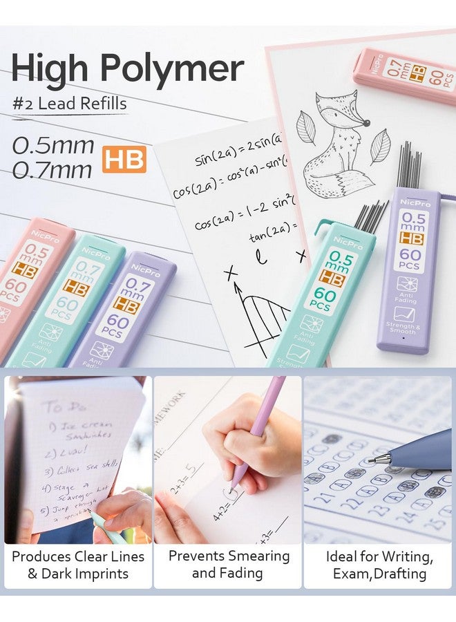 Nicpro 6Pcs Pastel Mechanical Pencil Set, 0.5 & 0.7 Mm With 6 Tubes Hb Lead Refill, 3Pcs Eraser And 9Pcs Eraser Refill For Student Writing Drafing, Drawing, Sketching-With Cute Case - Image 3
