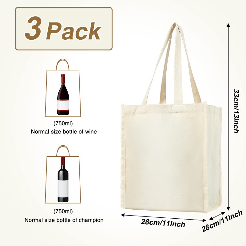 Berlune 3 Pcs Reusable 6 Bottle Wine Tote Bag with Divider Canvas Washable Portable Wine Carrier Tote Sturdy Bag for Grocery Bottle Carrier Holder for Travel Camping Picnic - Image 3