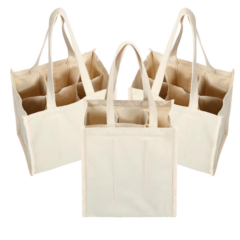 Berlune 3 Pcs Reusable 6 Bottle Wine Tote Bag with Divider Canvas Washable Portable Wine Carrier Tote Sturdy Bag for Grocery Bottle Carrier Holder for Travel Camping Picnic - Image 1