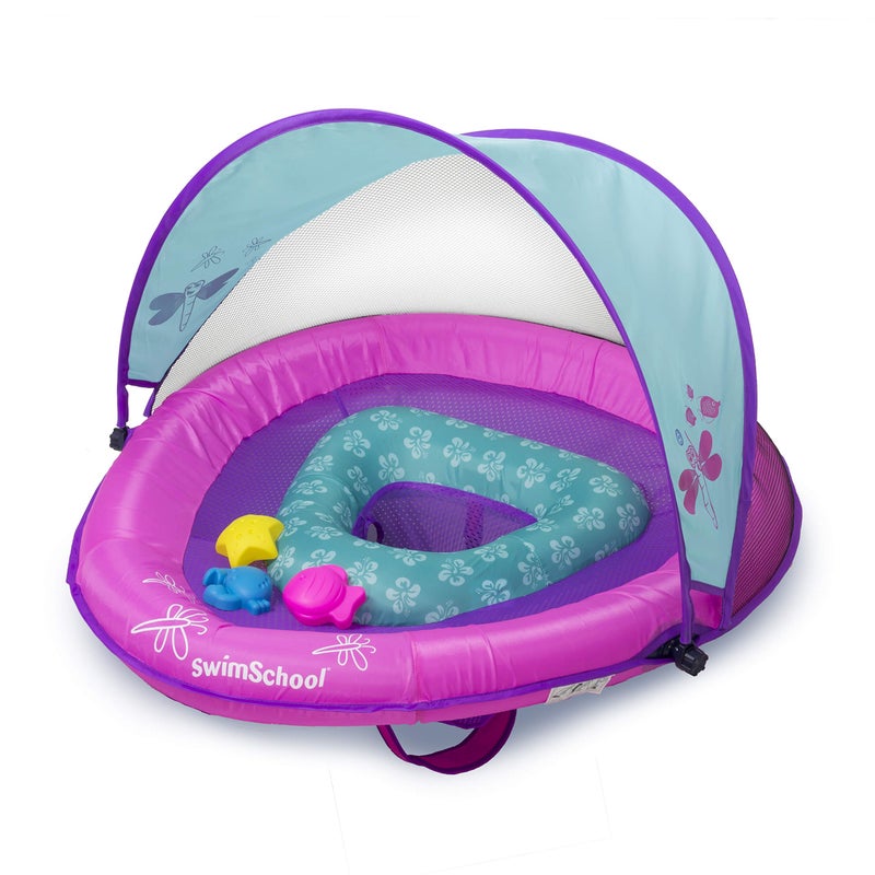 SwimSchool Deluxe Baby Pool Float with Adjustable Canopy - 6-24 Months - Baby Swim Float with Splash & Play Activity Center Safety Seat - Pink/Aqua - Image 1