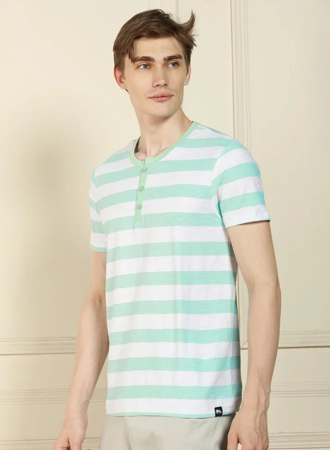 Dennis Lingo Regular Fit Light Blue Cotton Henley Neck T-Shirt
