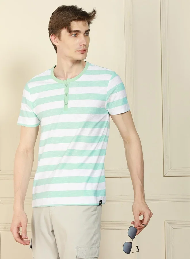 Dennis Lingo Regular Fit Light Blue Cotton Henley Neck T-Shirt