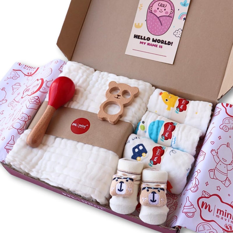 MINI MAVIN Minimavin 100% Organic Newborn Baby Essentials Gift Set | Safe Newborn Baby Gifts | Ideal for Baby Shower Gifts, Birthdays, 6 layer towel, burp cloth, wash cloth, Neemwood rattle, neemwood teether, rattle socks + Milestone cards, Surprise gift (White_Gift_Set_of_8) - Image 1