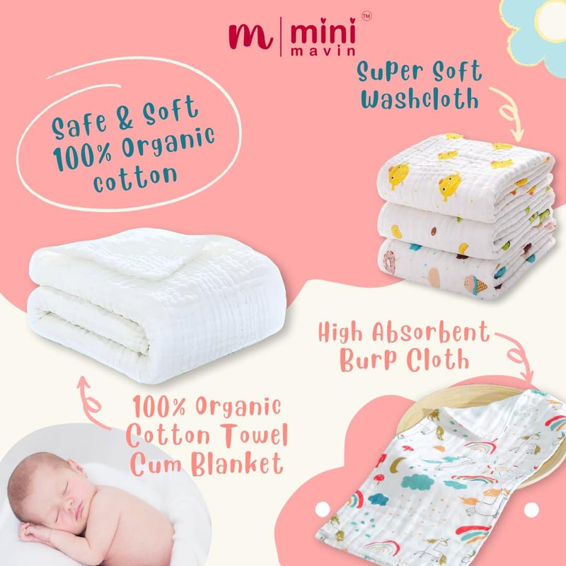 MINI MAVIN Minimavin 100% Organic Newborn Baby Essentials Gift Set | Safe Newborn Baby Gifts | Ideal for Baby Shower Gifts, Birthdays, 6 layer towel, burp cloth, wash cloth, Neemwood rattle, neemwood teether, rattle socks + Milestone cards, Surprise gift (White_Gift_Set_of_8) - Image 4