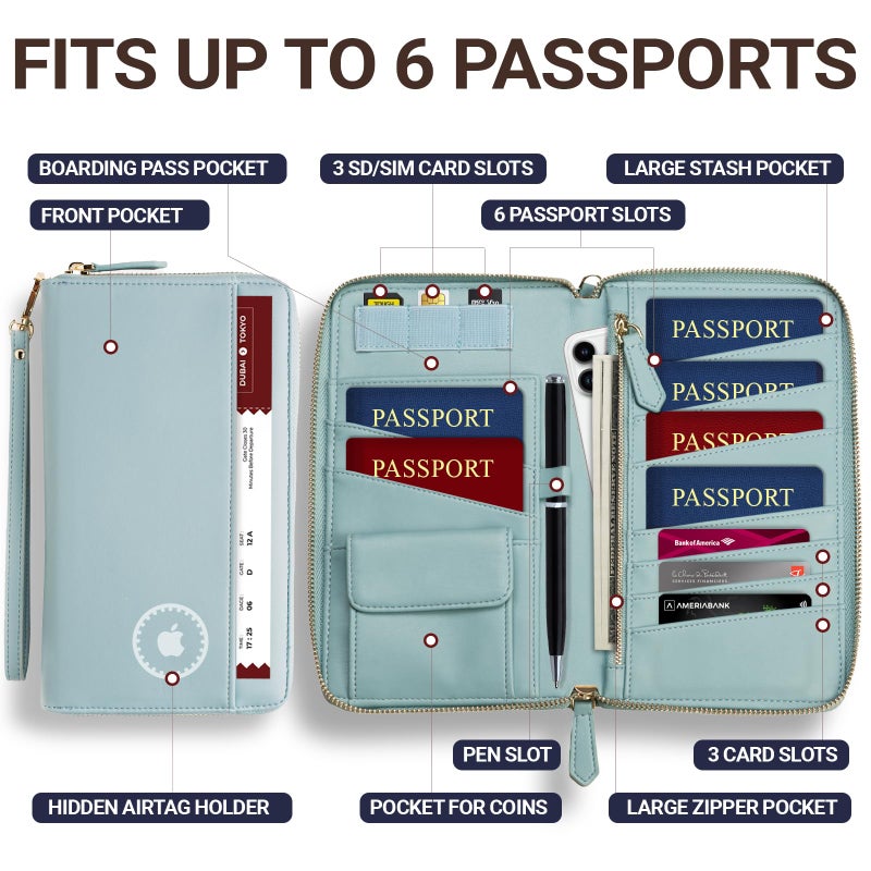 Apadi Family Passport Holder with AirTag RFID Passport Wallet Leather Travel Wallet Womens with Zipper Multiple Travel Document Organizer Holder for 4 6 Passport Cover Case Porta Pasaporte Familiar - Image 2