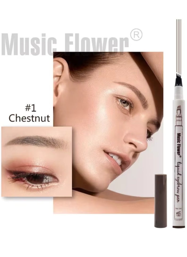 Music Flower Liquid Eyebrow Pen Eyebrow Pencil Waterproof Smudge Proof Long Lasting Fine Sketch Brow Pen with 4 Micro Fork Tip Liquid Tattoo Microblading Eyebrow Pen Brow Ink Gel Chestnut 01  - Image 2