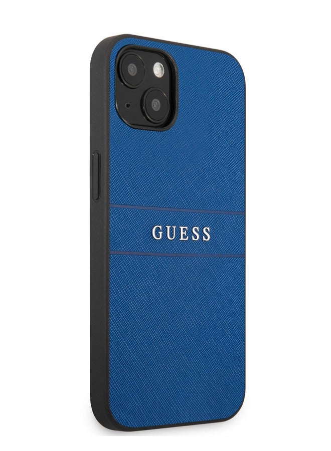 GUESS iPhone 13 Case 6.1inch PU Leather Back Cover Saffiano with Metal Logo Hot Stamp Stripes / Compatible with wireless chargers / Easy snap-on / Drop protection - Blue - Image 4