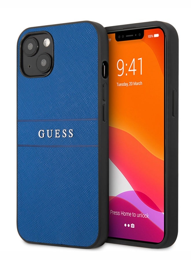 GUESS iPhone 13 Case 6.1inch PU Leather Back Cover Saffiano with Metal Logo Hot Stamp Stripes / Compatible with wireless chargers / Easy snap-on / Drop protection - Blue - Image 1