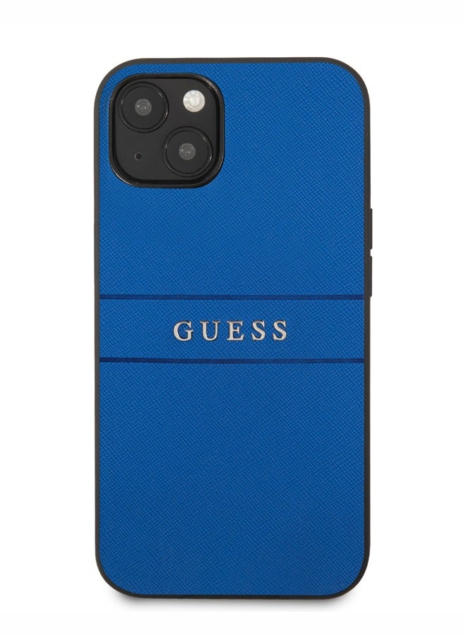 GUESS iPhone 13 Case 6.1inch PU Leather Back Cover Saffiano with Metal Logo Hot Stamp Stripes / Compatible with wireless chargers / Easy snap-on / Drop protection - Blue - Image 3