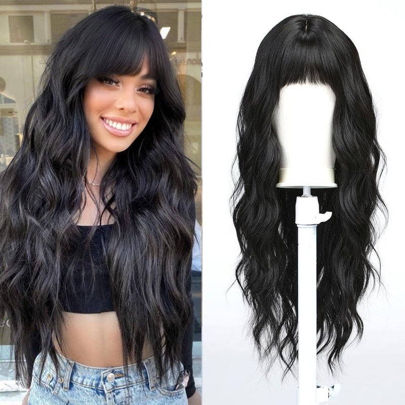 Esmee Long Wavy Black Wig for Women Natural Synthetic Hair Heat Resistant Brunette Wigs with Fringe - Image 1