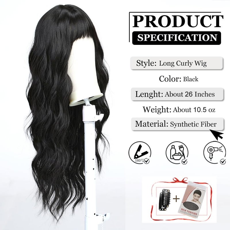 Esmee Long Wavy Black Wig for Women Natural Synthetic Hair Heat Resistant Brunette Wigs with Fringe - Image 2
