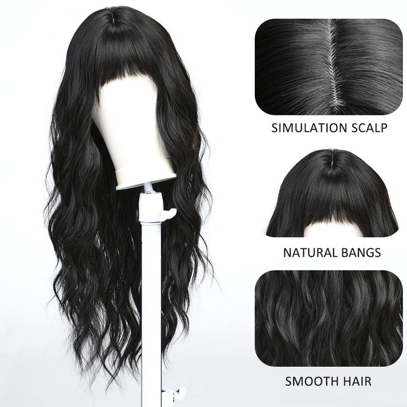 Esmee Long Wavy Black Wig for Women Natural Synthetic Hair Heat Resistant Brunette Wigs with Fringe - Image 3