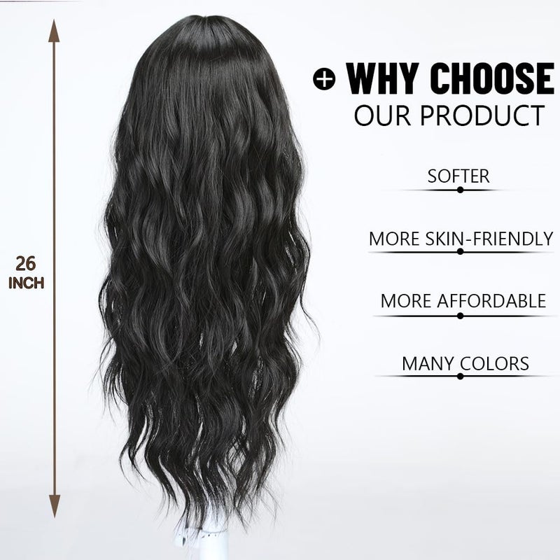 Esmee Long Wavy Black Wig for Women Natural Synthetic Hair Heat Resistant Brunette Wigs with Fringe - Image 4