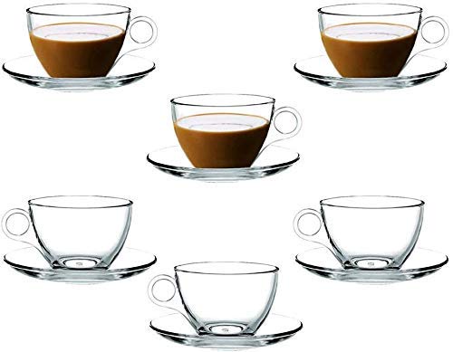 LVOOK Tableware Kitchenware Transparent Plain Design Glass TeaCoffee Cup and Saucer with Round Base and Finger Space Handle Pack of 6 White 190ML - Image 3