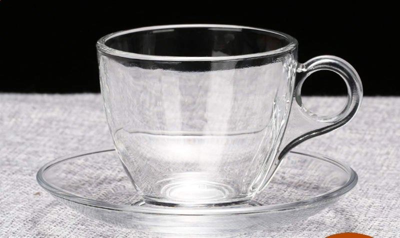 LVOOK Tableware Kitchenware Transparent Plain Design Glass TeaCoffee Cup and Saucer with Round Base and Finger Space Handle Pack of 6 White 190ML - Image 2