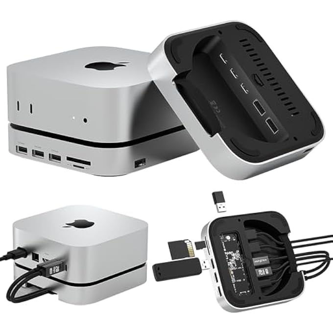 rayihni MAC MINI M4 DUAL CHANNEL DOCK & DESK MOUNT WITH 4TB M.2 NVME SSD ENCLOSURE, 10GBPS USB A/C DATA PORT, SD/TF CARD SLOT, 4K@60HZ HDMI, MAC MINI M4 ALUMINUM DOCK STAND & HUB - Image 1