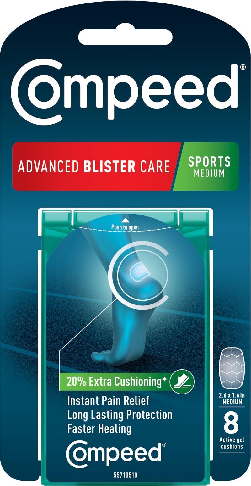 Compeed لصقات كومبيد المتقدمة للعناية بالبثور، وسادات هيدروكوليد جل لتخفيف الألم الفوري والشفاء الأسرع، رياضية متوسطة، 8 قطع (2 عبوة) - Image 1
