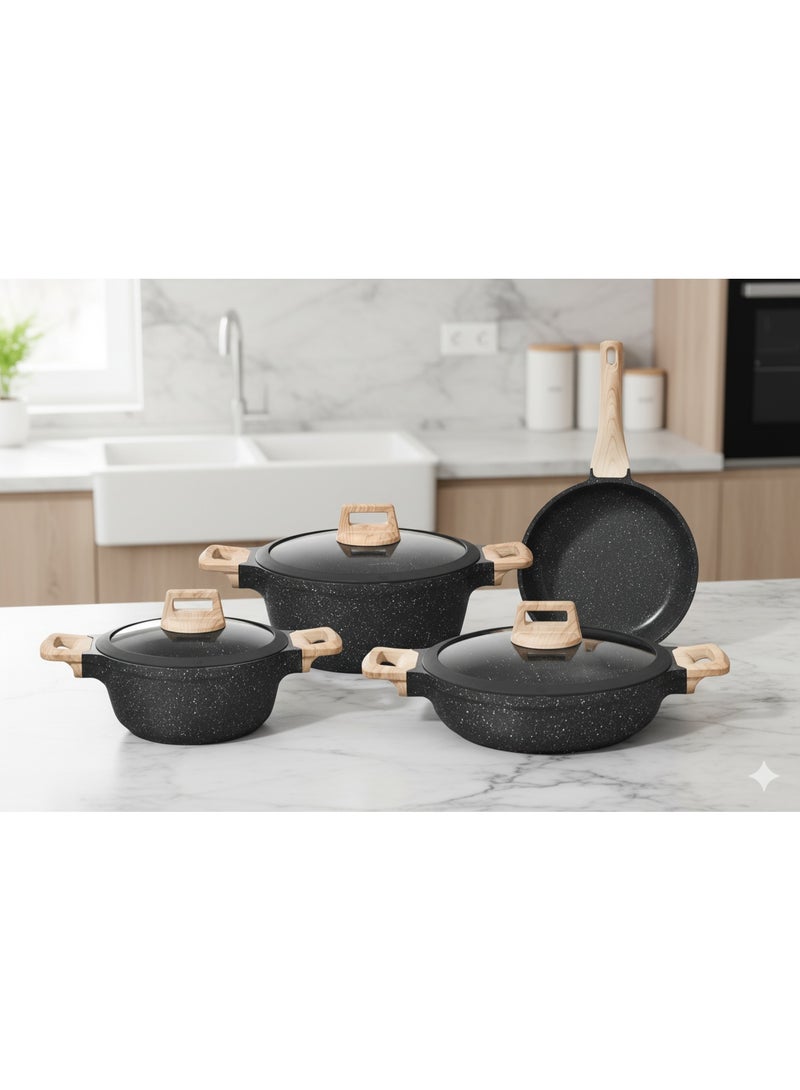 Top Chef 7-Piece Cookware Set Aluminum Pots And Pans Non-Stick Surface Wood Finish Handles Tempered Glass Lids PFOA Free - Frying Pan, Casserole With Silicon Lid, Saucepan With SiliconLid Dark Grey - Image 5