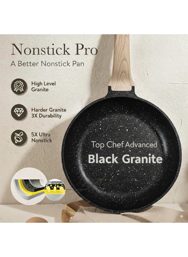 Top Chef 7-Piece Cookware Set Aluminum Pots And Pans Non-Stick Surface Wood Finish Handles Tempered Glass Lids PFOA Free - Frying Pan, Casserole With Silicon Lid, Saucepan With SiliconLid Dark Grey - Image 4