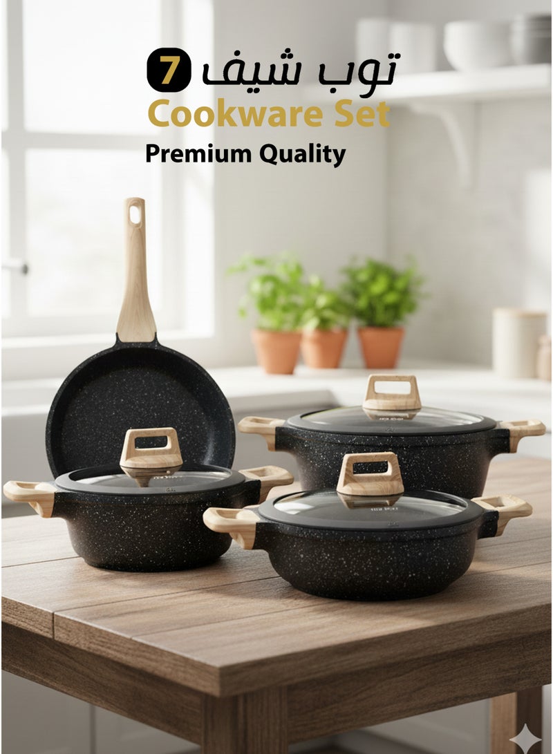 Top Chef 7-Piece Cookware Set Aluminum Pots And Pans Non-Stick Surface Wood Finish Handles Tempered Glass Lids PFOA Free - Frying Pan, Casserole With Silicon Lid, Saucepan With SiliconLid Dark Grey - Image 1