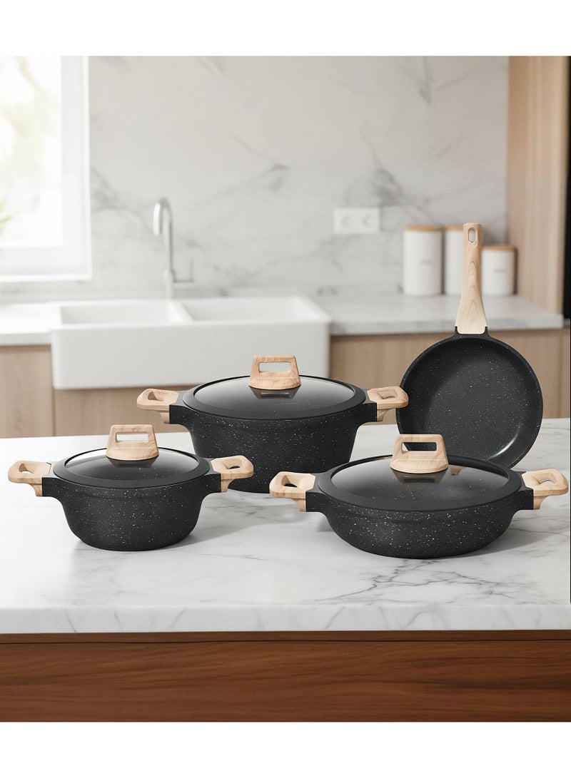 Top Chef 7-Piece Cookware Set Aluminum Pots And Pans Non-Stick Surface Wood Finish Handles Tempered Glass Lids PFOA Free - Frying Pan, Casserole With Silicon Lid, Saucepan With SiliconLid Dark Grey - Image 2