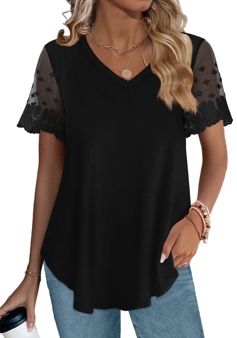 OFEEFAN Plus Size Shirts for Women Summer V Neck Tunic Tops to Hide Belly Fat Black 3XL - Image 4