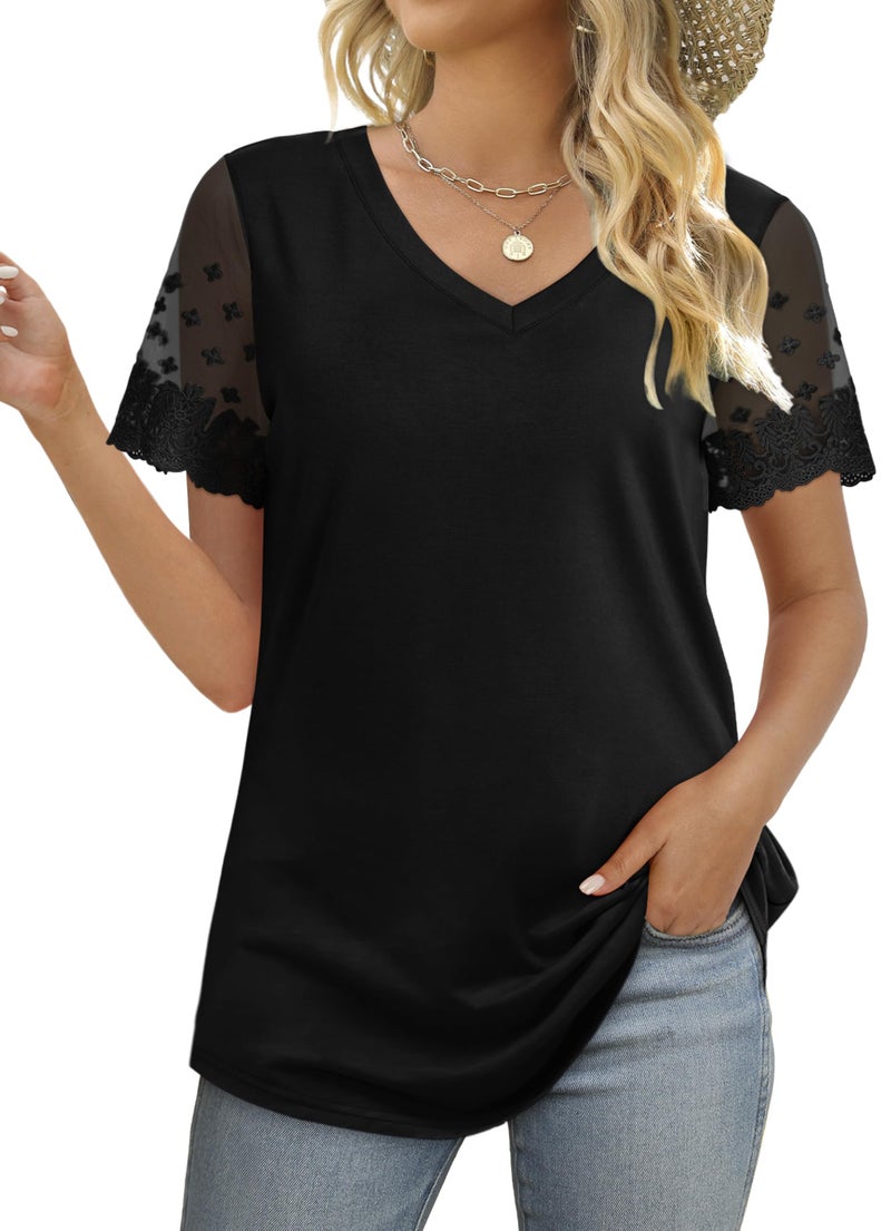 OFEEFAN Plus Size Shirts for Women Summer V Neck Tunic Tops to Hide Belly Fat Black 3XL - Image 3