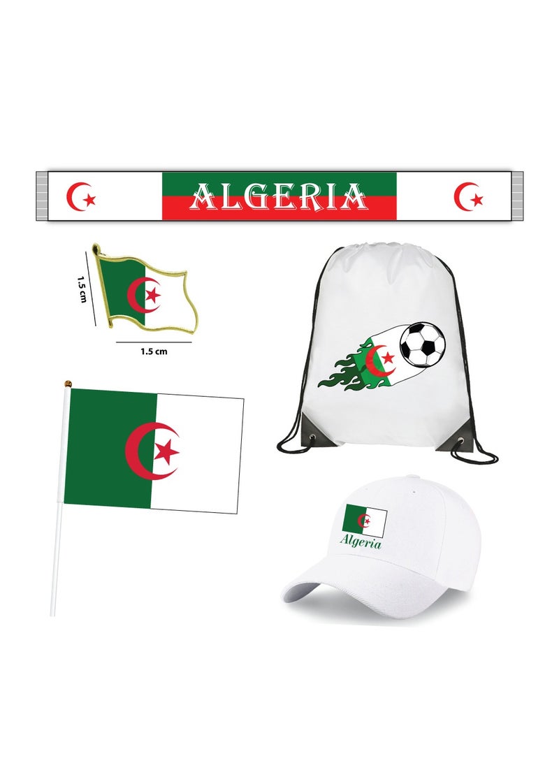 Algeria Sports Combo Pack - Gifts for Sports Fan - Cap - Scarf - Flag - Flag Pin - Drawstring Bag - Image 1