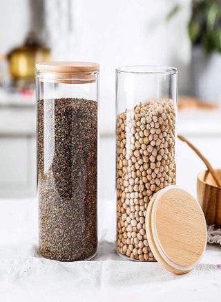 AKDC Glass Food Storage Jars, Air Tight Kitchen Food Storage Container Set With Natural Bamboo Lids For Candy Cookie Rice Sugar Flour Pasta Nuts,1200 Ml 2Pcs Set