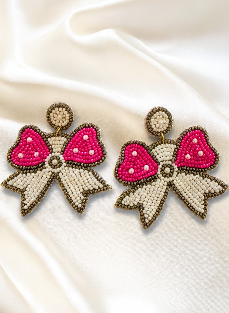Ready For Chai Handmade Beaded Bow Earrings – Pink & White Statement Earrings for Women, Funky Festival Jewelry, Boho Chic Accessories