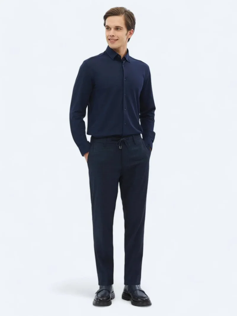 Kip Navy Blue Weaving Jogging Fit Casual Trousers