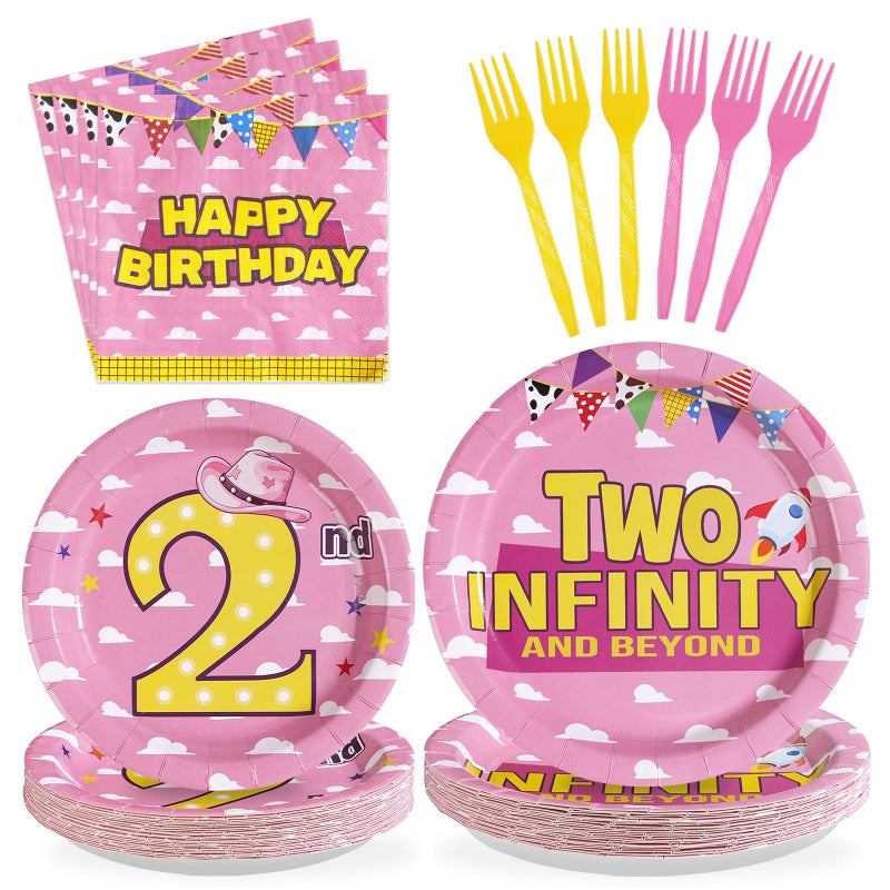 Greencian 96Pcs Toy Cartoon Story 2nd Birthday Party Decorations for Girl Two Infinity and Beyond Plates and Napkins Pink Sky White Cloud Hat Tableware Set for Girls Second Themed Party supplies, Serves 24 - Image 1