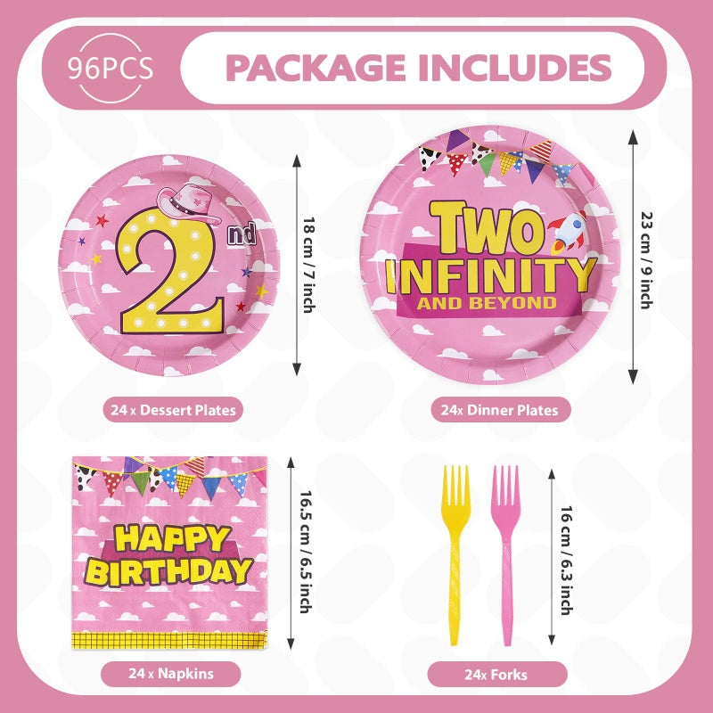 Greencian 96Pcs Toy Cartoon Story 2nd Birthday Party Decorations for Girl Two Infinity and Beyond Plates and Napkins Pink Sky White Cloud Hat Tableware Set for Girls Second Themed Party supplies, Serves 24 - Image 5