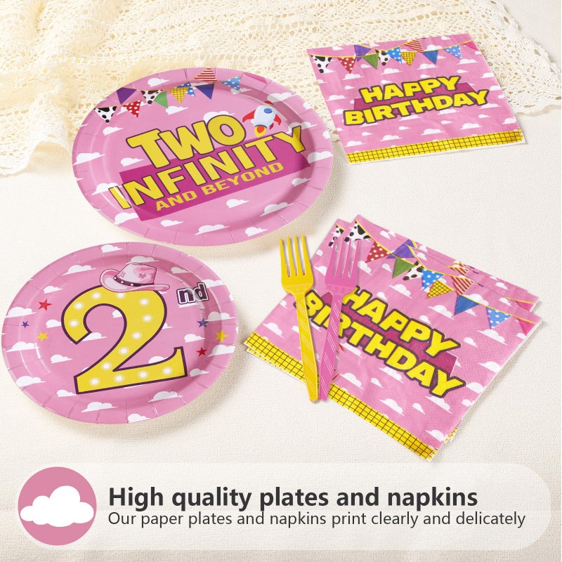 Greencian 96Pcs Toy Cartoon Story 2nd Birthday Party Decorations for Girl Two Infinity and Beyond Plates and Napkins Pink Sky White Cloud Hat Tableware Set for Girls Second Themed Party supplies, Serves 24 - Image 3