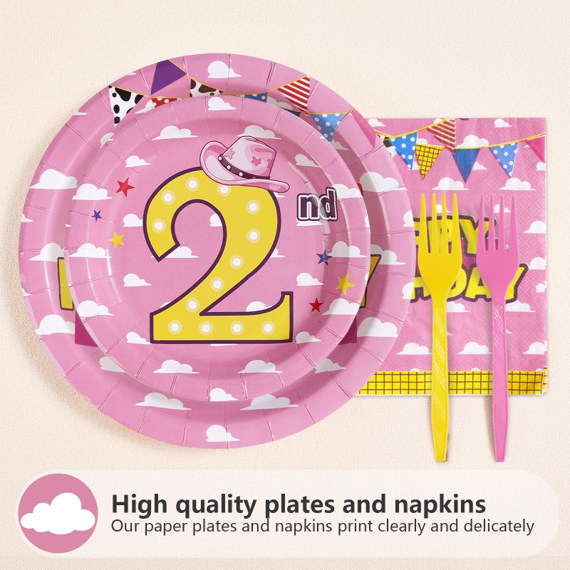 Greencian 96Pcs Toy Cartoon Story 2nd Birthday Party Decorations for Girl Two Infinity and Beyond Plates and Napkins Pink Sky White Cloud Hat Tableware Set for Girls Second Themed Party supplies, Serves 24 - Image 2