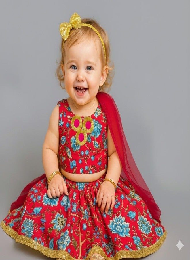 A.T.U.N. (ALL THINGS UBER NICE) Baby Girls 100% Cotton Ethnic Floral Printed Lehenga Choli Set with Lace & Dupatta | Traditional 3-Piece Festive Outfit for Kids - Image 2
