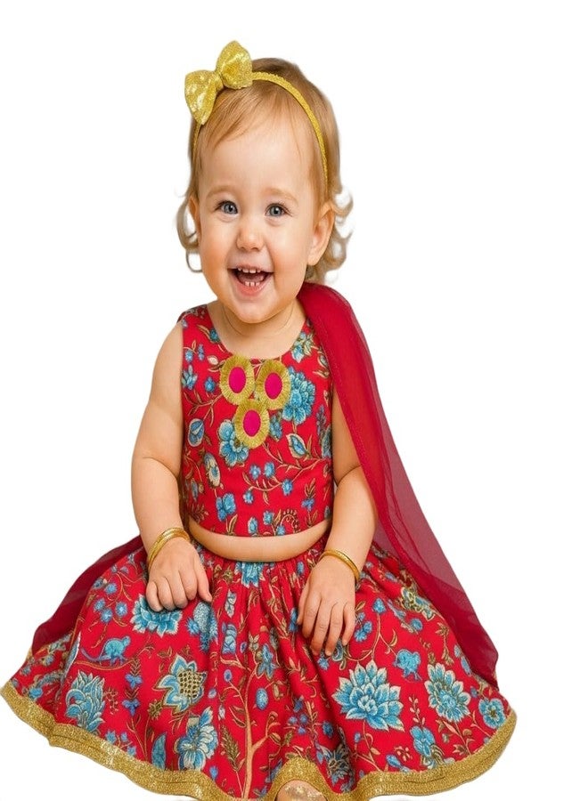 A.T.U.N. (ALL THINGS UBER NICE) Baby Girls 100% Cotton Ethnic Floral Printed Lehenga Choli Set with Lace & Dupatta | Traditional 3-Piece Festive Outfit for Kids - Image 1