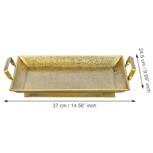Webelkart Premium Iron Embossed Designer Serving Trays with Handle Large Serving Tray, Snacks, Floating Flowers for Home Decoration Dining Table| Diwali Decor Items (15" Inches) Tableware - Image 3
