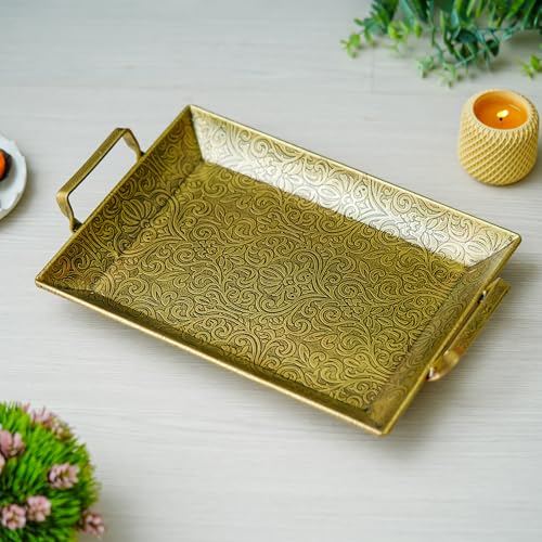 Webelkart Premium Iron Embossed Designer Serving Trays with Handle Large Serving Tray, Snacks, Floating Flowers for Home Decoration Dining Table| Diwali Decor Items (15" Inches) Tableware - Image 1