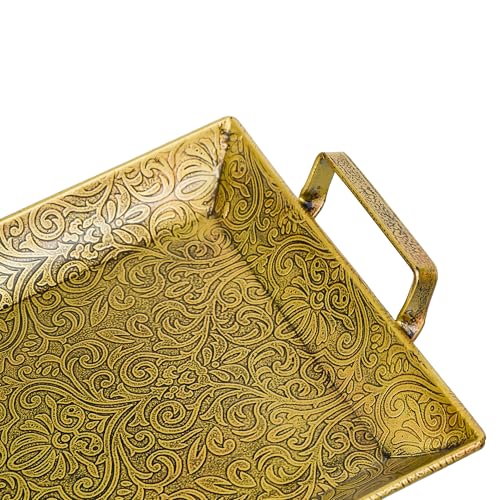 Webelkart Premium Iron Embossed Designer Serving Trays with Handle Large Serving Tray, Snacks, Floating Flowers for Home Decoration Dining Table| Diwali Decor Items (15" Inches) Tableware - Image 4
