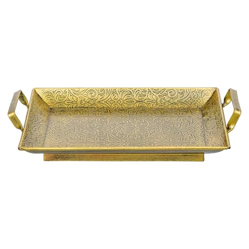 Webelkart Premium Iron Embossed Designer Serving Trays with Handle Large Serving Tray, Snacks, Floating Flowers for Home Decoration Dining Table| Diwali Decor Items (15" Inches) Tableware - Image 5