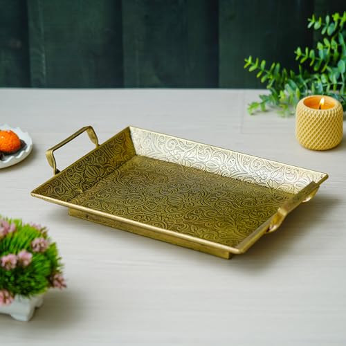 Webelkart Premium Iron Embossed Designer Serving Trays with Handle Large Serving Tray, Snacks, Floating Flowers for Home Decoration Dining Table| Diwali Decor Items (15" Inches) Tableware - Image 2