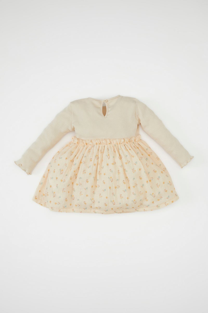 ديفاكتو فستان بيبي بناتي فلورال مضلع قصة عادية كم طويل بياقة مستديرة - Image 5